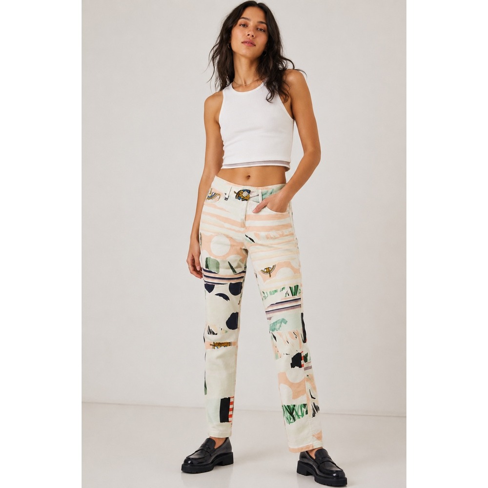 Kenzo Jeans Jungle Pants Multi Color Abstract Graphic Print Slim Leg US 10 FR 42